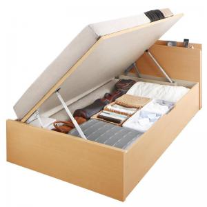 お客様組立 国産跳ね上げ収納ベッド ナチュラル 薄型プレミアムポケットコイルマットレス付き 横開き セミダブル 深さレギュラー