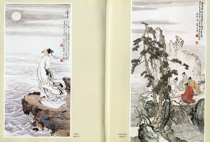 【真作】絵画　短冊2枚　竹と月の水墨画　風流な日本画の美　美しい筆致　V166 真作】絵画 短冊2枚 竹と月の水墨画 風流な日本画の美 美しい