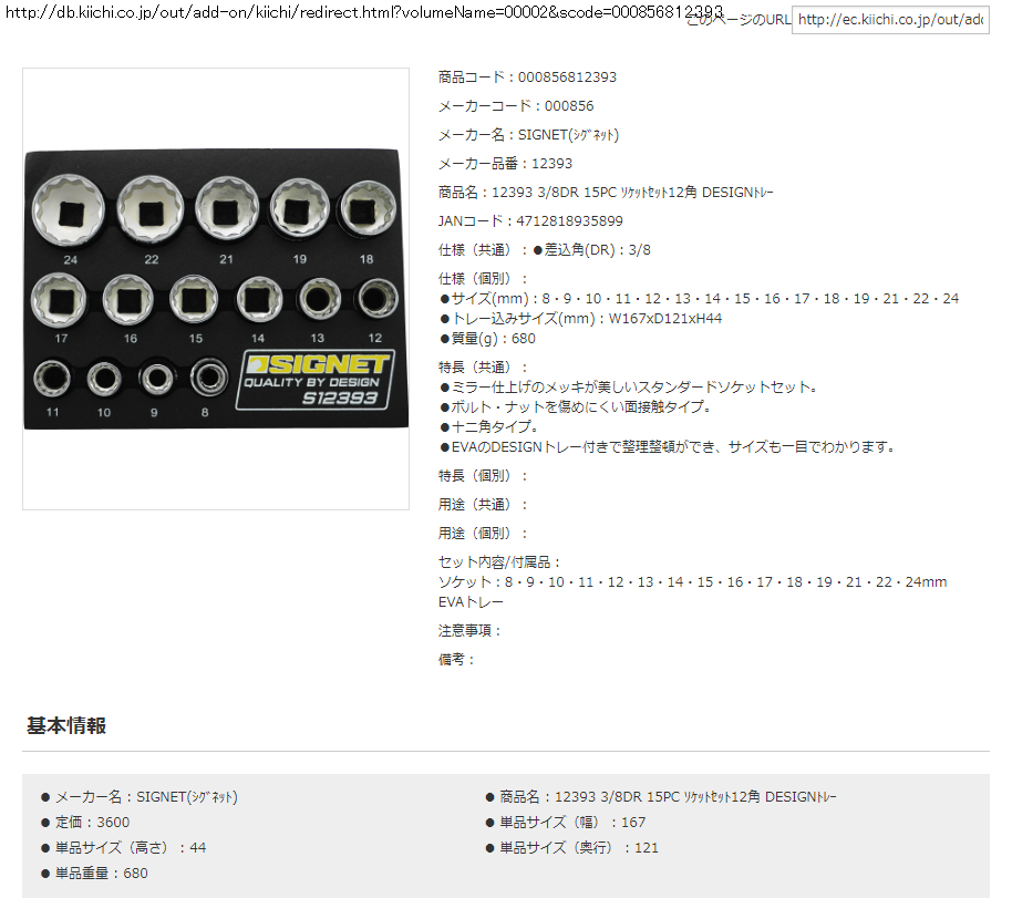 SIGNET 12393 3/8DR 15PC ソケットセット12角 DESIGNトレー