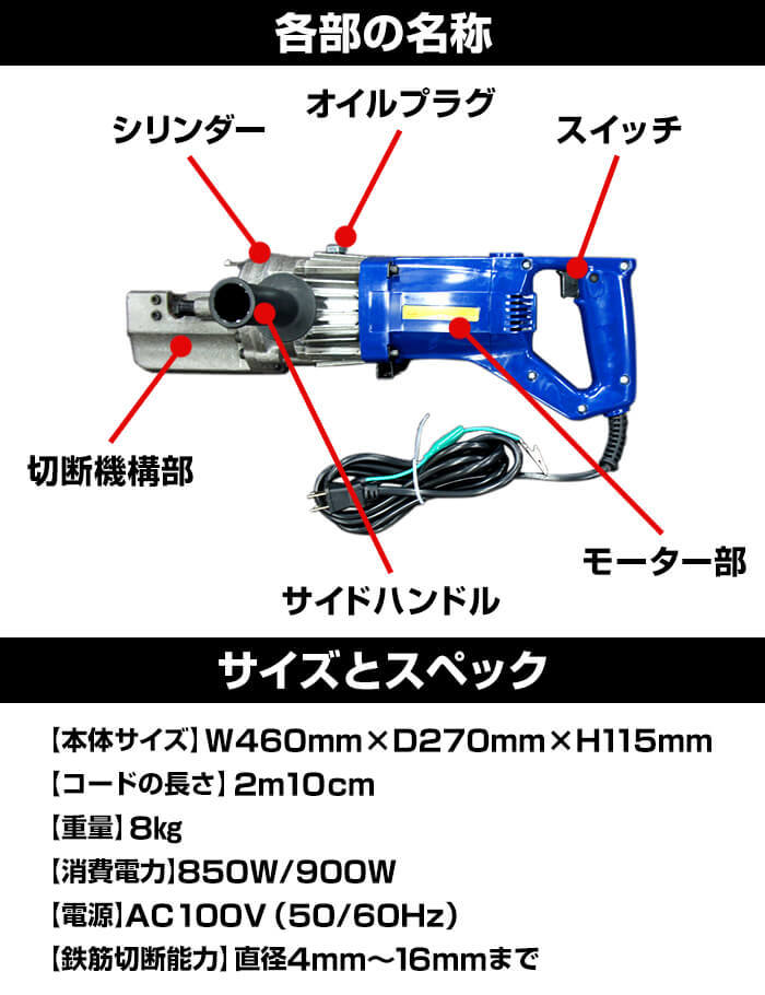 鉄筋カッター 電動 AC100V 直径4〜16mmまで 収納箱 説明書 保証付き【送料無料】