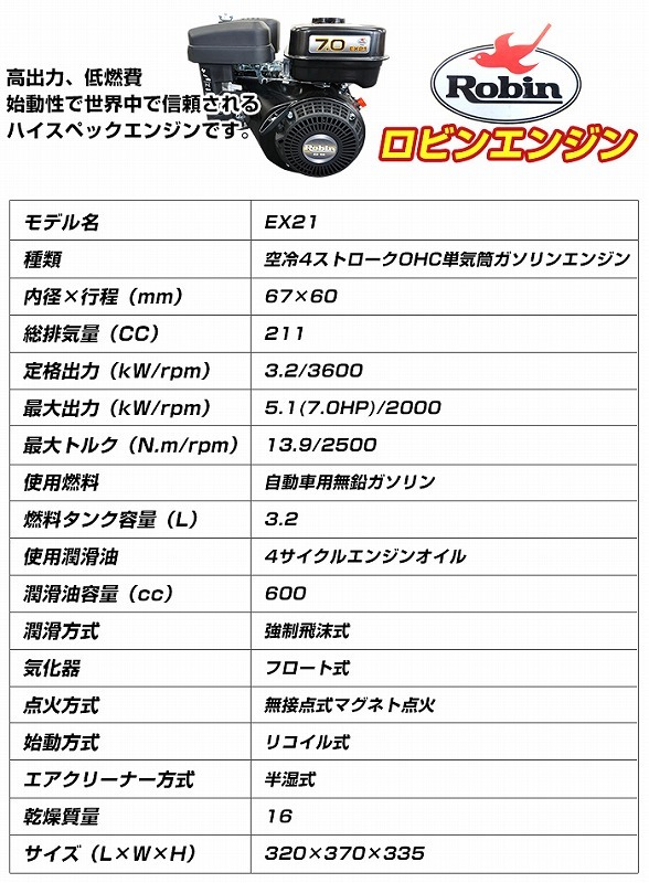 強力ロビンエンジン ROBIN ハイパワー7馬力 空冷4サイクル 汎用型