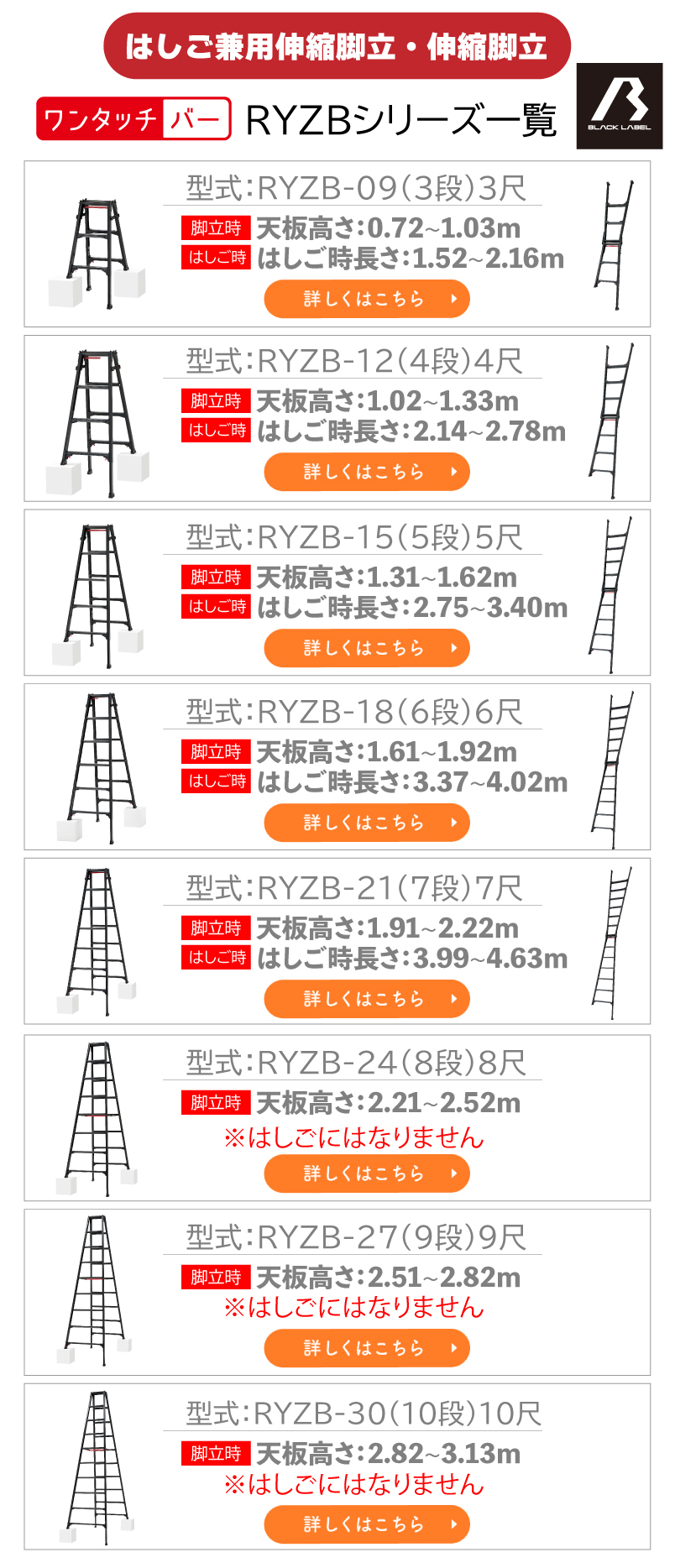 特価ブランド 長谷川工業 はしご兼用伸縮脚立 RYZB-09 3尺 ブラック 脚部伸縮式 高さ調整最大31cm 天板高さ
