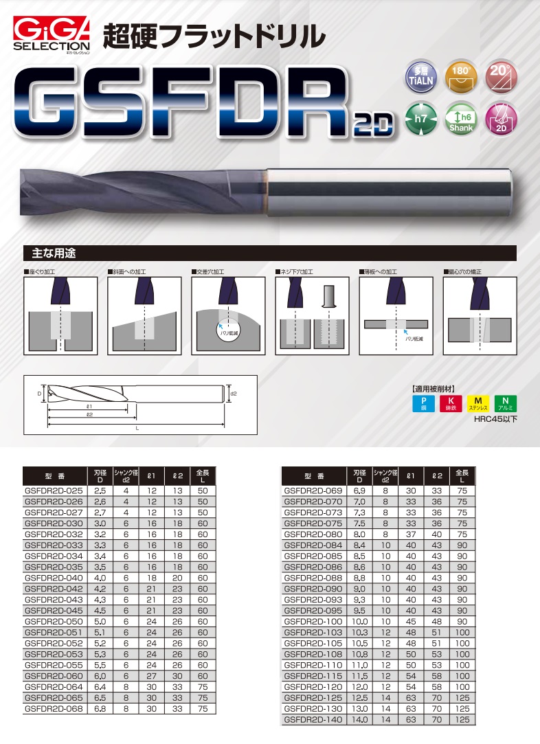 【ポイント15倍】ギガ・セレクション 超硬フラットドリル GSFDR2D-069