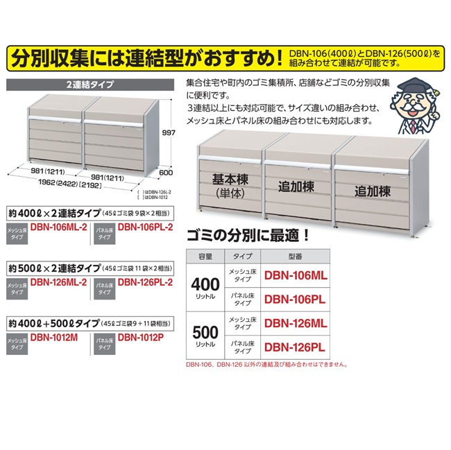 稲葉製作所 ダストボックスミニ 2連結タイプ DBN-126ML-2 (メッシュ床)_2