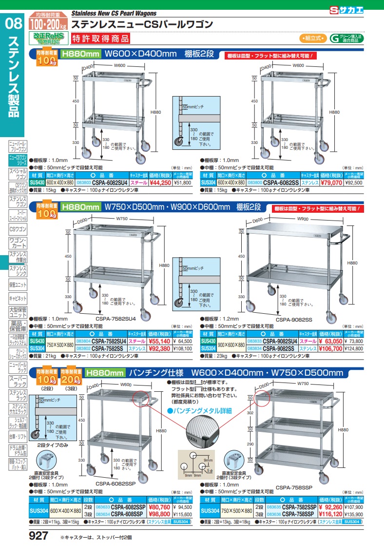 直送品】 サカエ ステンレスニューＣＳパールワゴン（ＳＵＳ３０４