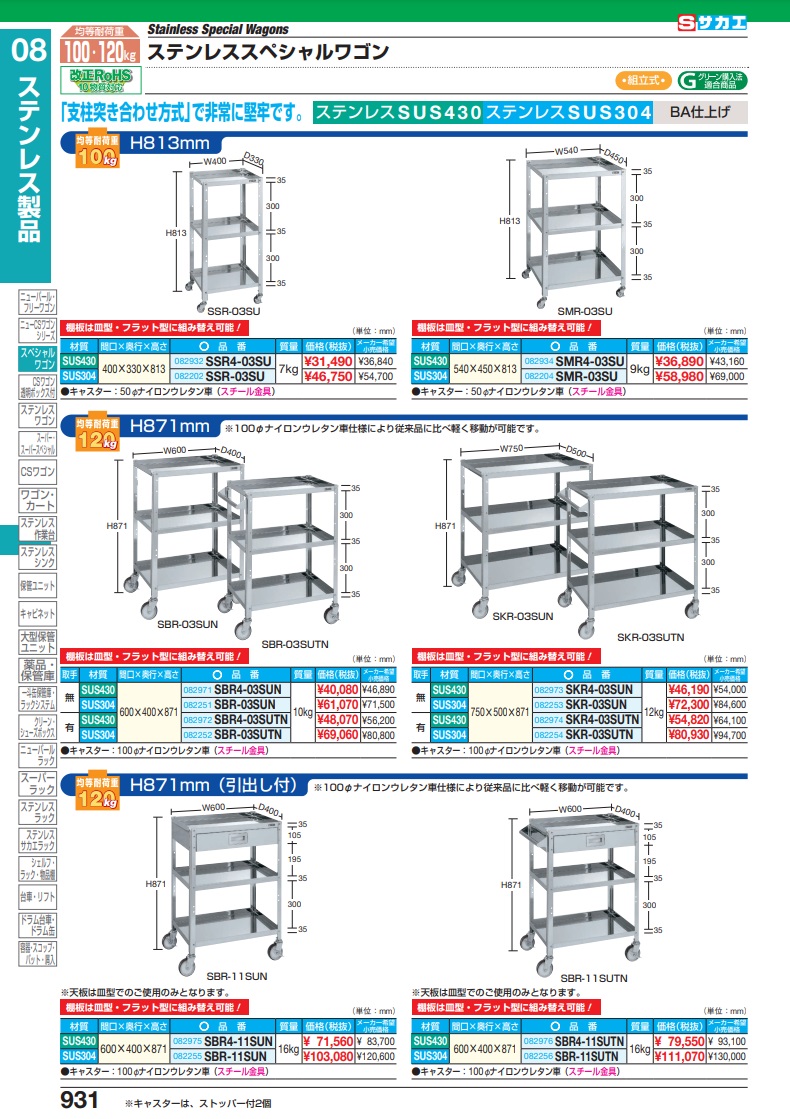 サカエ ステンレススペシャルワゴン（ＳＵＳ３０４） SKR-03SUN