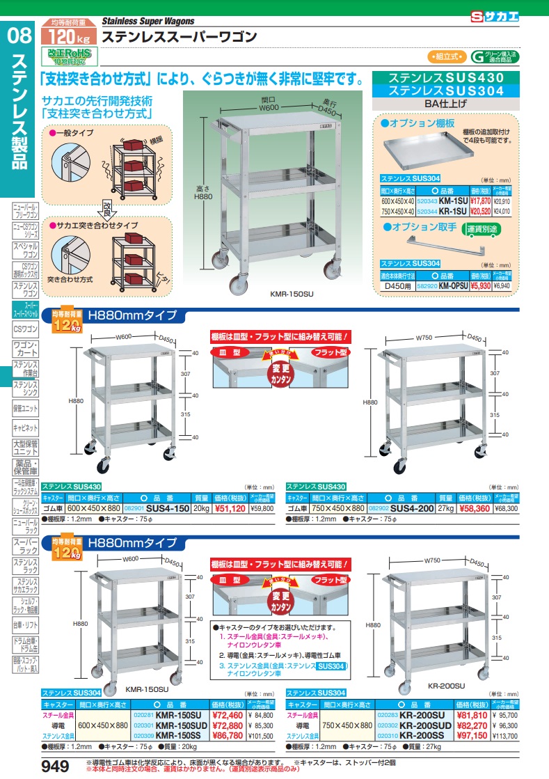 【直送品】 サカエ ステンレススーパーワゴン（ＳＵＳ３０４） KMR 150SS (020309) 【大型】 :k saka kmr 150ss:工具屋さん