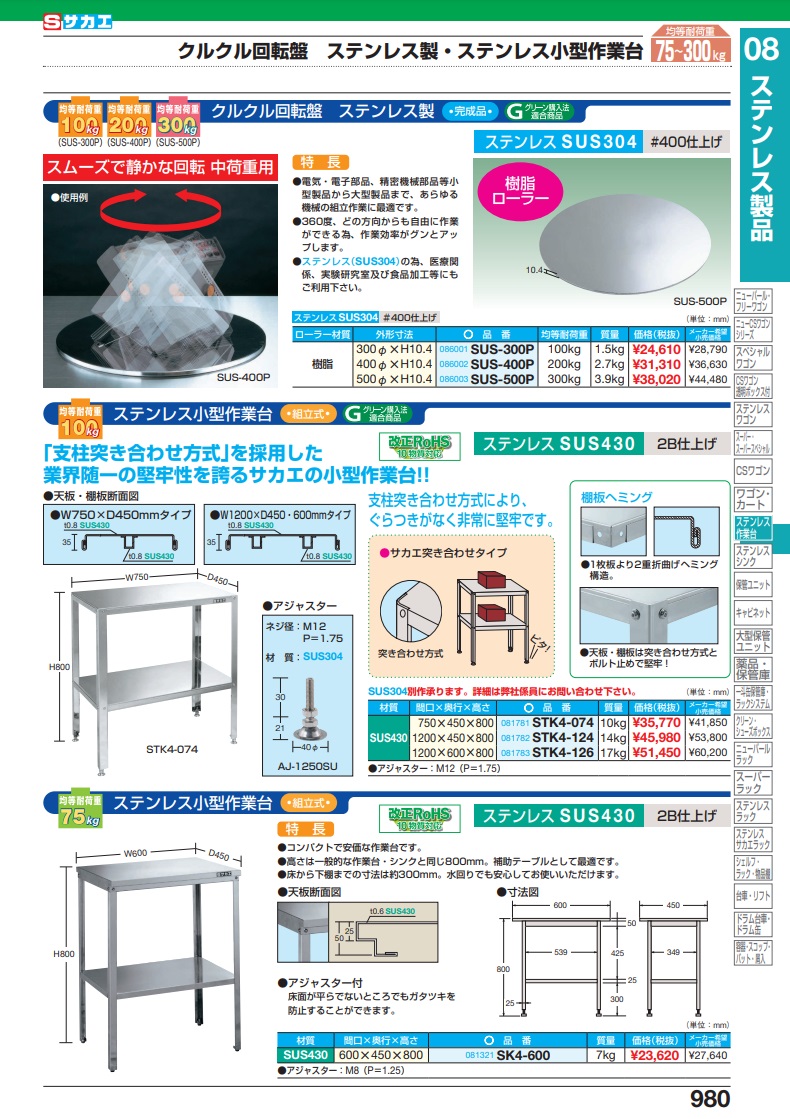 直送品】 サカエ ステンレス小型作業台（ＳＵＳ４３０） STK4-124