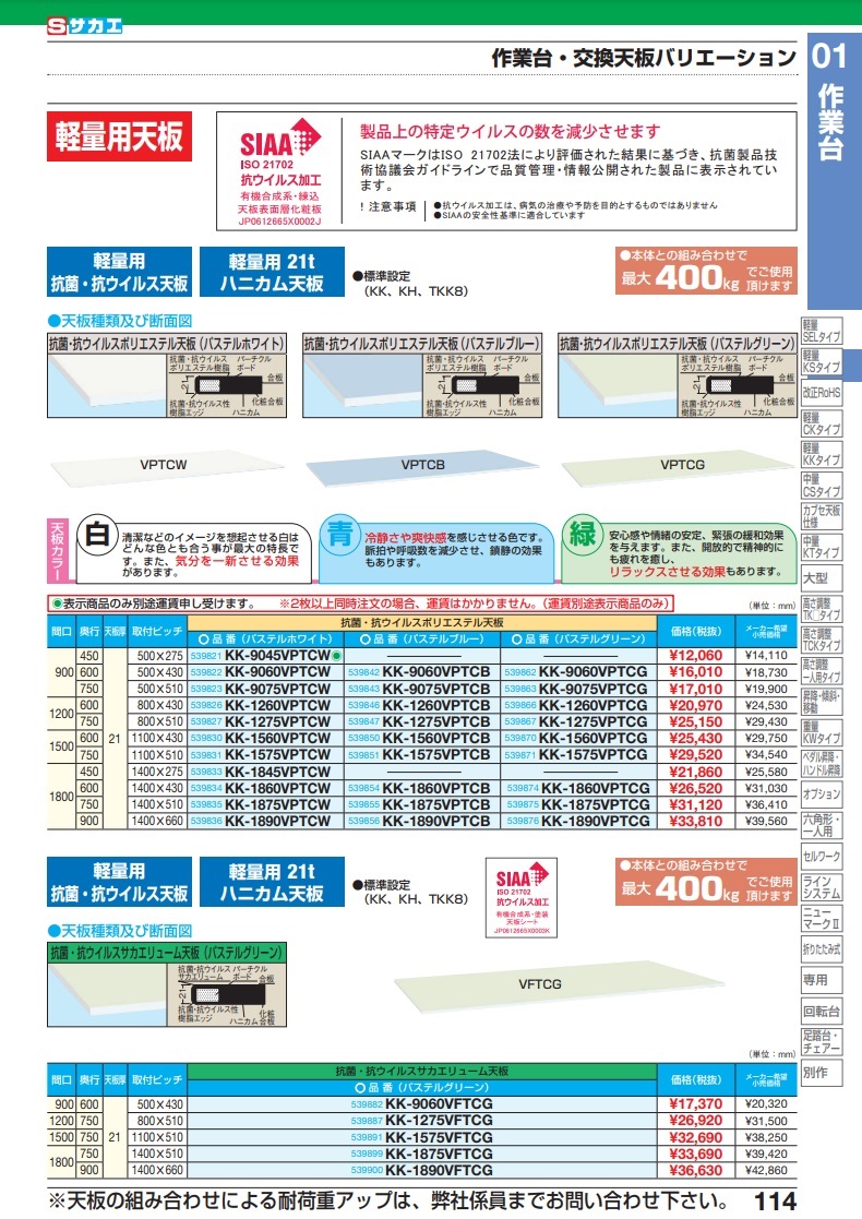 直送品】 サカエ 作業台 オプション天板（抗菌・抗ウイルス天板） KK