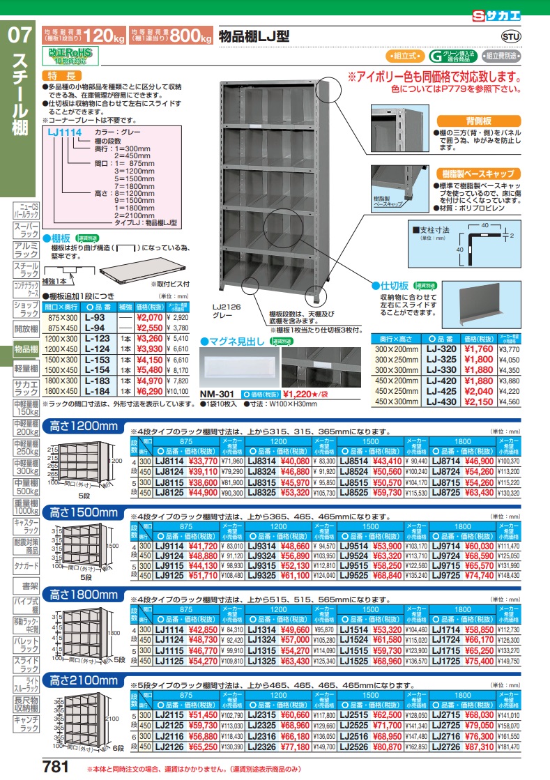 超人気高品質 【直送品】 サカエ 物品棚ＬＪ型（１２０ｋｇ／段・高さ 