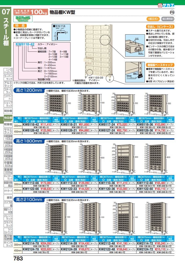 サカエ 物品棚ＫＷ型（１００ｋｇ／段・Ｈ２１００ｍｍ・１４段タイプ