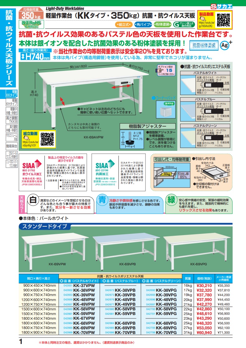 直送品】 サカエ 軽量作業台ＫＫタイプ（抗ウイルス天板） KK-49VPW