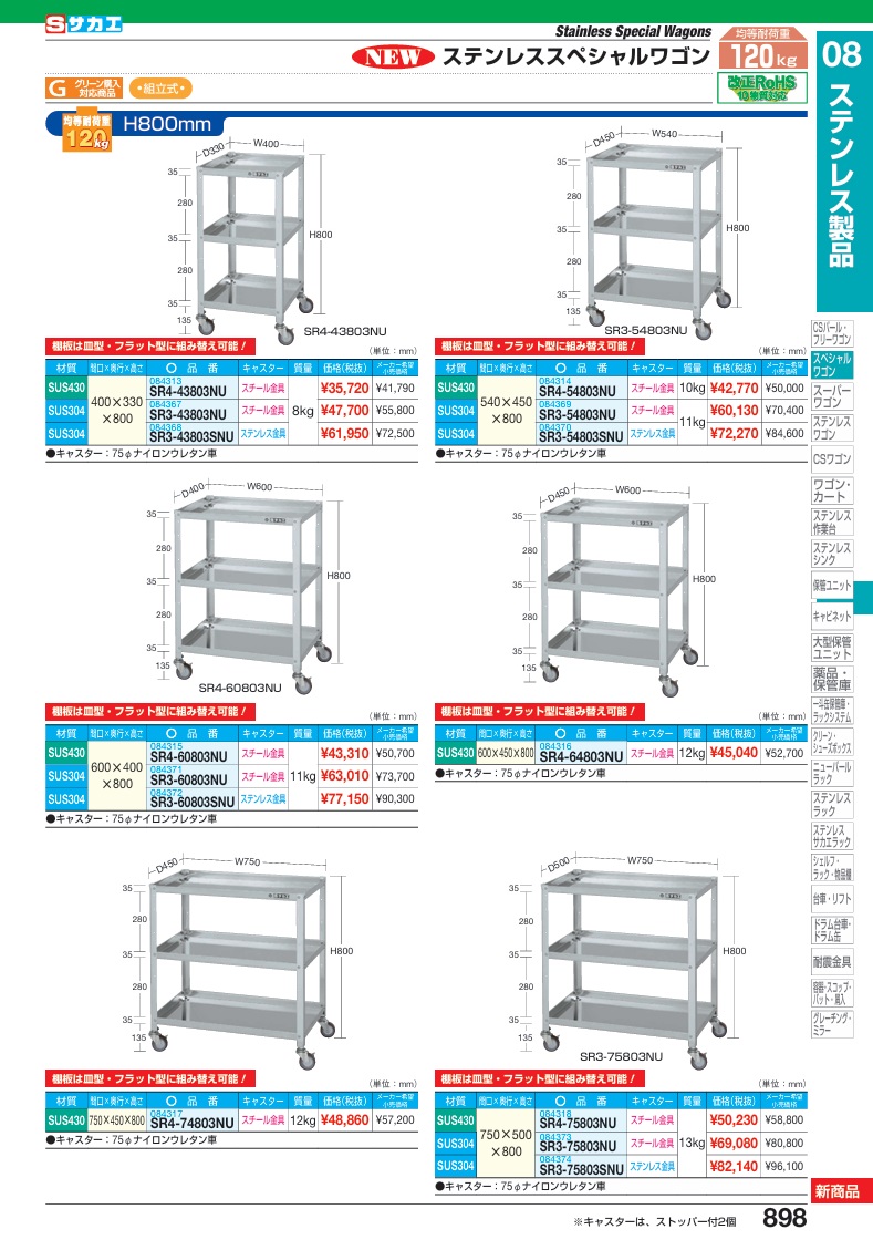 サカエ SAKAE ステンレス 3段ワゴン 移動ワゴン キャスター付き サカエ SAKAE ステンレス 3段ワゴン 移動ワゴン キャスター付き
