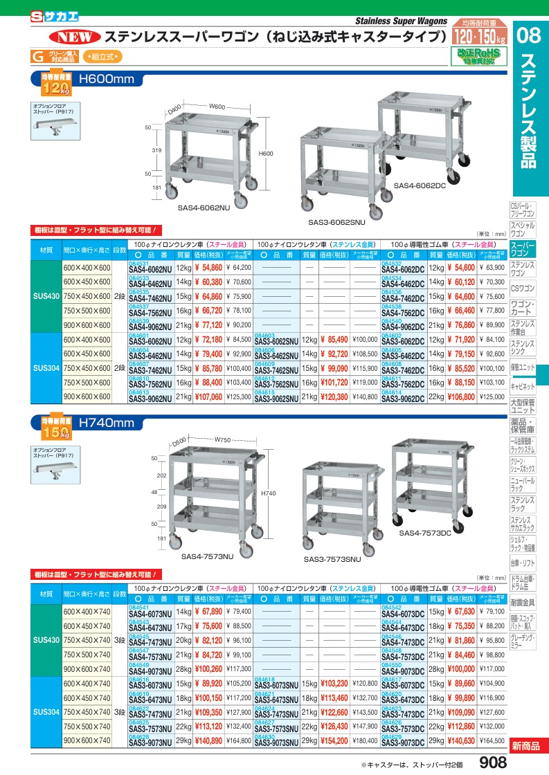 【ポイント15倍】【直送品】 サカエ ステンレススーパーワゴン(ねじ込み式)SUS304 SAS3-7573SNU (084627) 【大型】 スチールラック本体