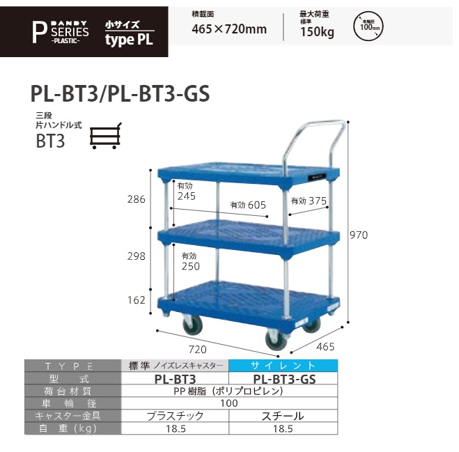 【ポイント15倍】【直送品】 花岡車輌 プラスチック製台車 ダンディ PL-BT3 三段・片ハンドル式・ノイズレスキャスター｜kouguyasan｜03