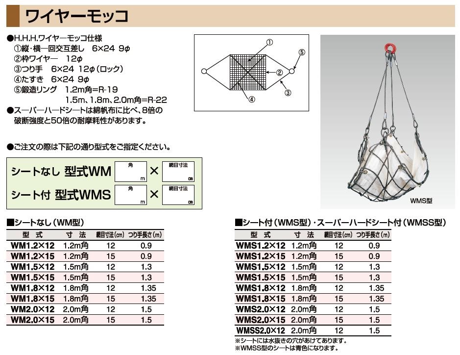 スリーエッチ H.H.H ワイヤーモッコ(シート付) 綿帆布 WMS1.8X15 (WMS1