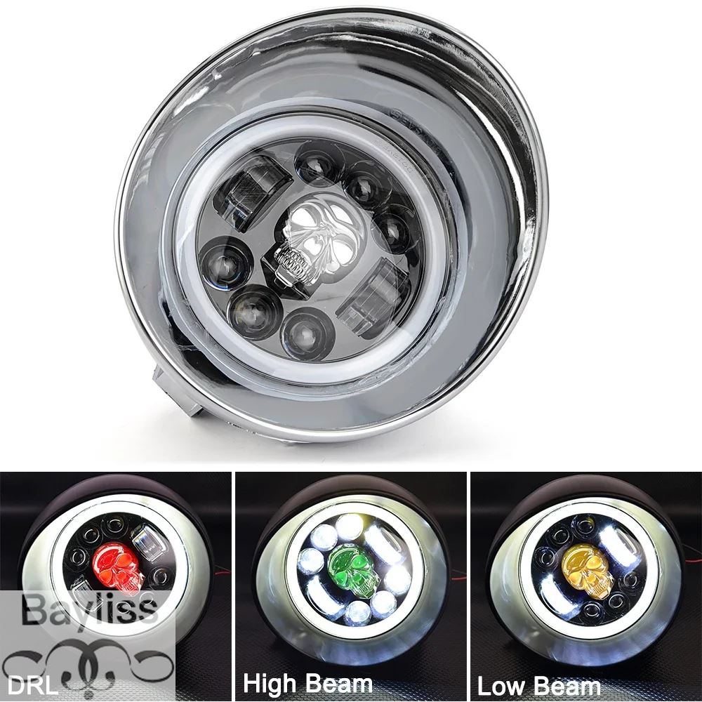 み。2点 並行輸入品】 スカルパターンバイク用LEDヘッドライト 5.75インチ