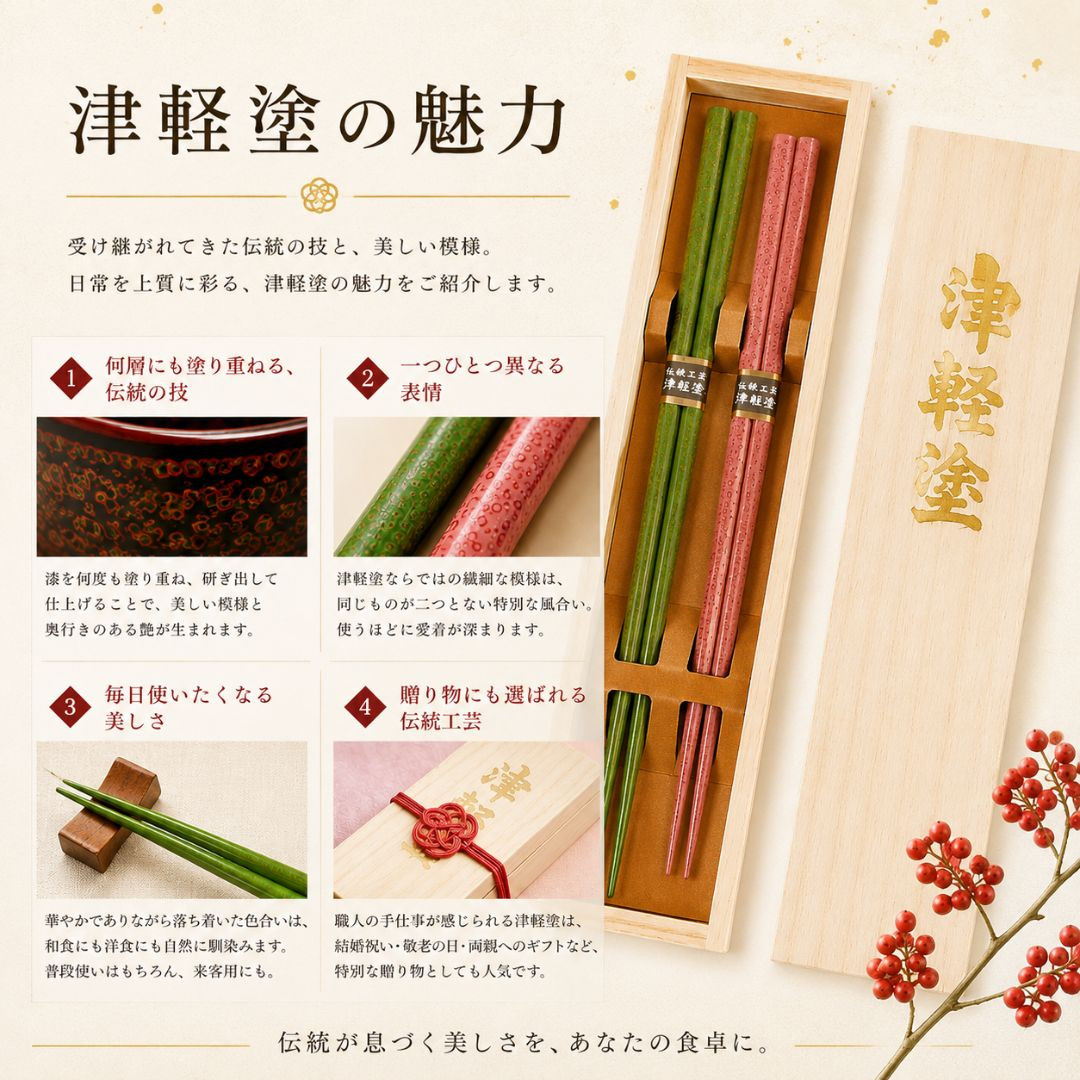 津軽 ななこ塗 夫婦細箸 （20.5cm/24.2cm）桐箱入り ペア箸 日本製