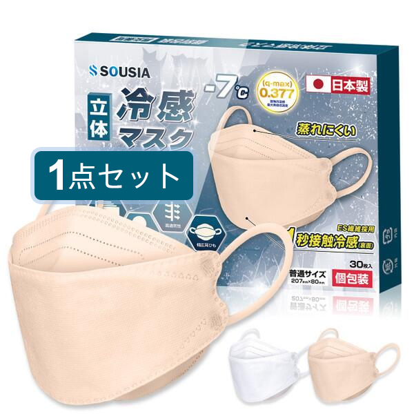 冷感マスク 接触冷感 不織布 立体マスク 日本製 30枚入り 個包装 血色 