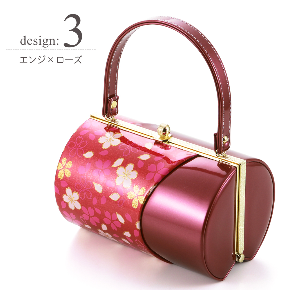 訳あり 和装バッグ 振袖用バッグ 筒形 エナメル生地使用 桜柄プリント