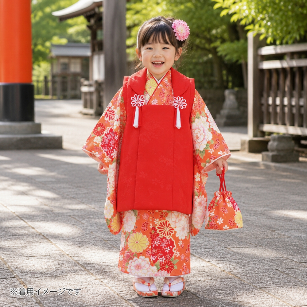 七五三 3歳女の子 総柄 着物 8点セット 被布コートセット オレンジの
