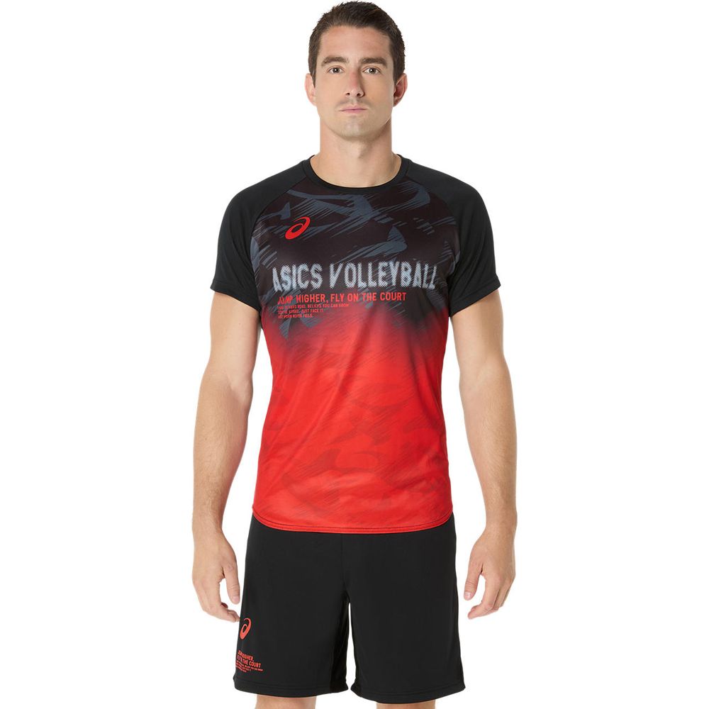 asics スポーツシャツ 日本国旗付き 黒赤 【公式通販】
