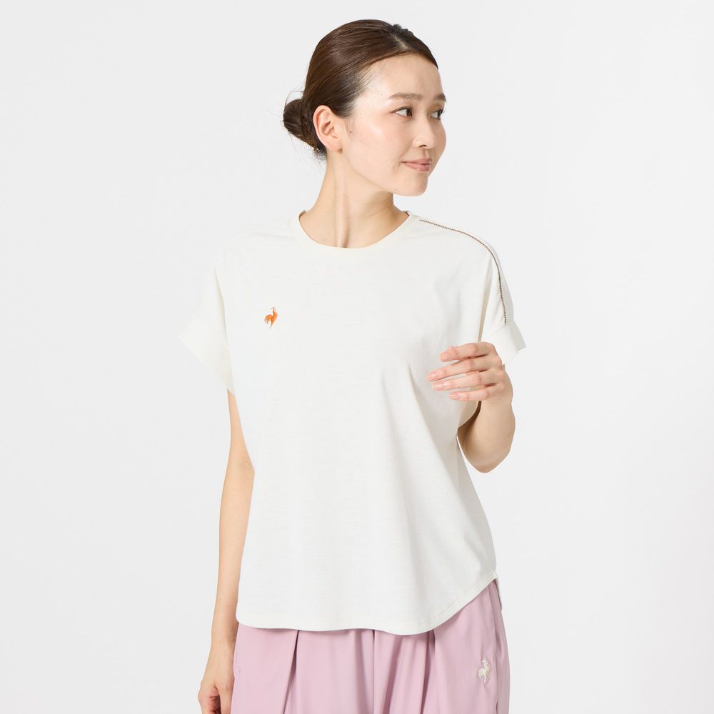 りこちゃん③ＬＬ白カットソー×ブルーストライプ布帛切替五分袖カットソー ルコック le coq sportif マルチSPウェア レディース 汗染み軽減