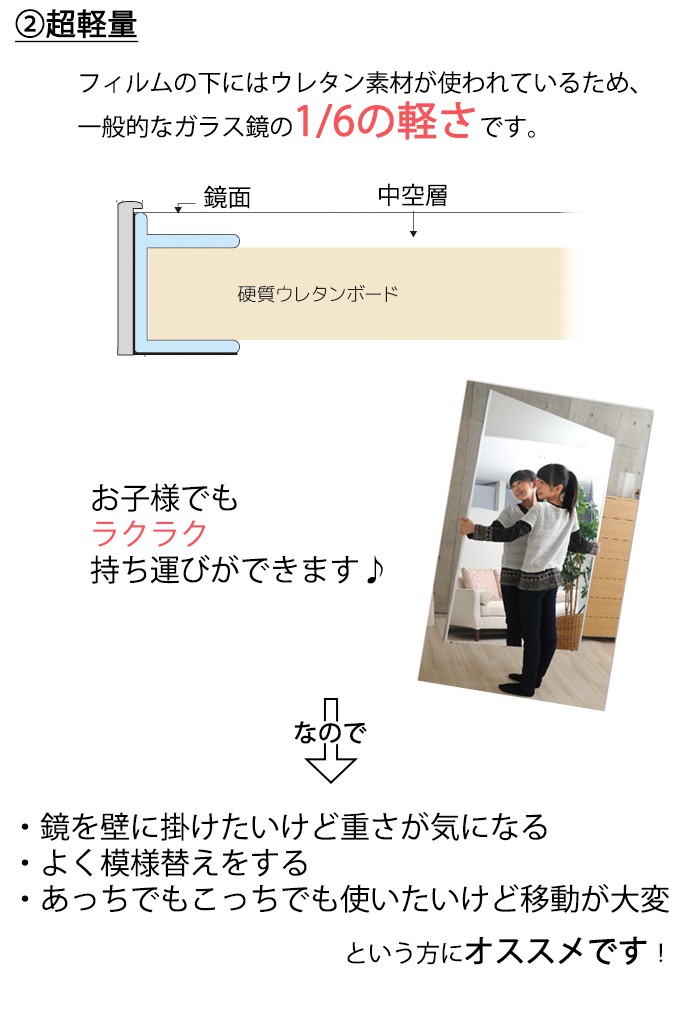 ロッカーや玄関扉に!磁石でくっつく全身ミラー!割れない鏡 幅40