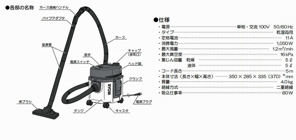 RYOBI (京セラ) 集塵機用 集塵ホース 本体接続タイプ 5M (VC-125W