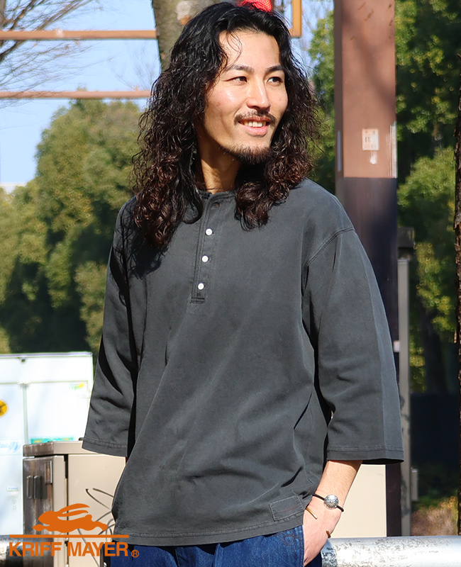 クリフメイヤー KRIFF MAYER メンズ ユニセックス ヘンリーネック 無地 ヴィンテージライク ピグメント 綿100 春 夏 秋 ピグメント 七分袖 ヘンリー Tシャツ | KRIFF MAYER | 01