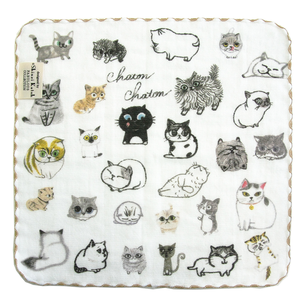 タオルハンカチ プレゼント ねこ 猫 ネコ雑貨 猫グッズ 女性 日本製 Shinzi Katoh シャトン 約23×23cm ガーゼ 無撚糸  カトウシンジ ブランド 泉州タオル