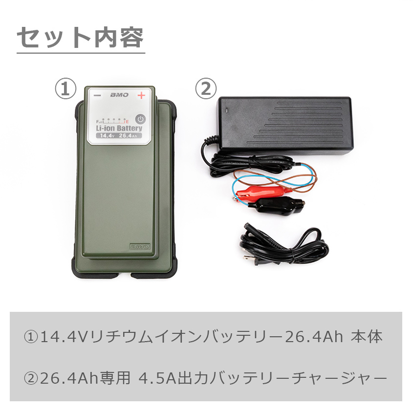 BMO japan リチウムイオンバッテリー 26.4Ah 14.4V （本体＆チャージャーセット） 超大容量 電動リール用 バッテリー 10Z0012