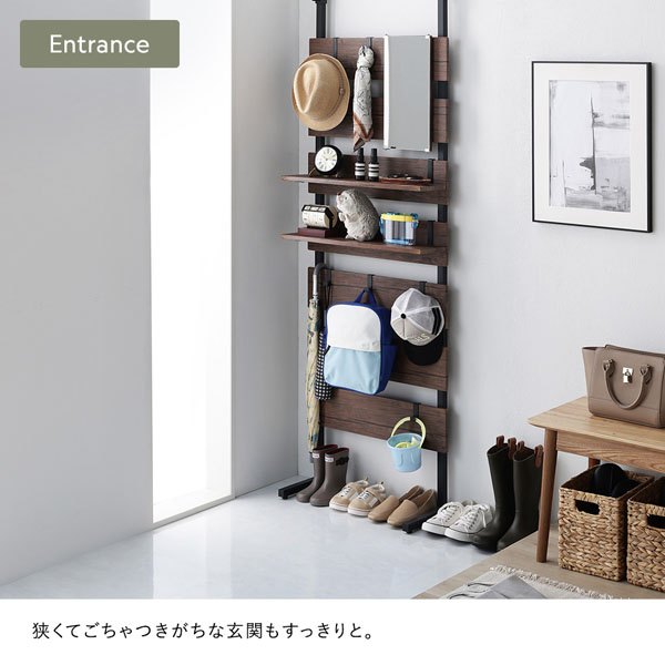 突っ張り ウォールラック 幅80cm グレージュ×ブラック 可動棚 ミラー付