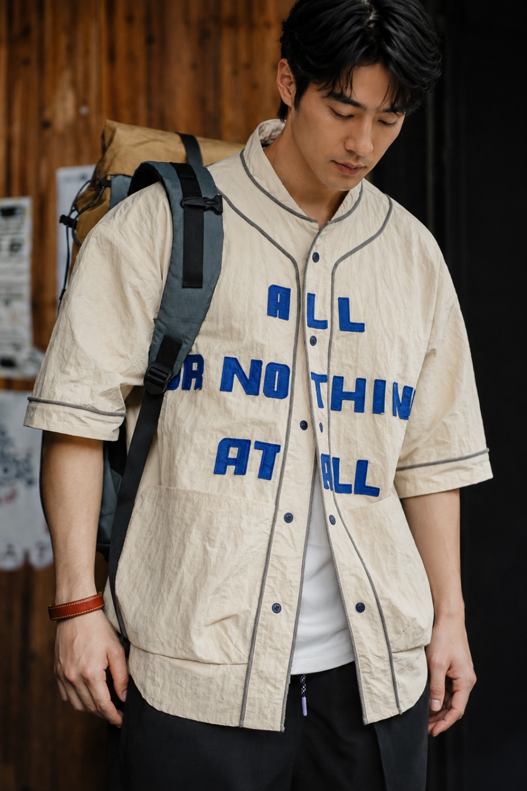 ベースボールシャツ メンズ 半袖 ロゴ レタリング ワッペン風 前開き