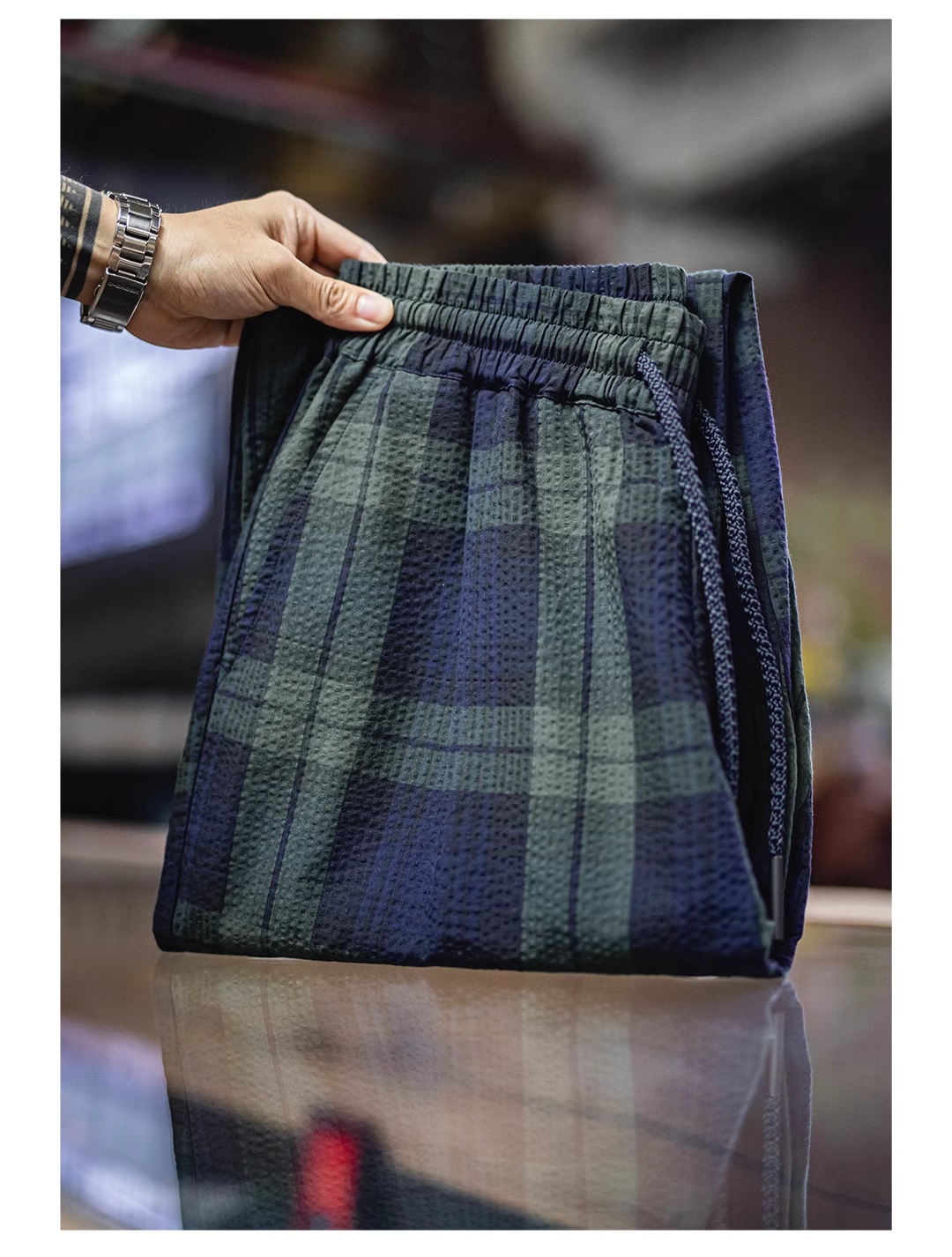 メンズ パンツ 綿100% タータンチェック柄 ブルーグリーン 格子柄