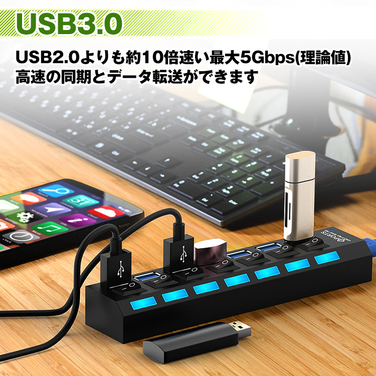 USBハブ 7ポート USB3.0 ハブ スイッチ付 高速 USBコンセント 