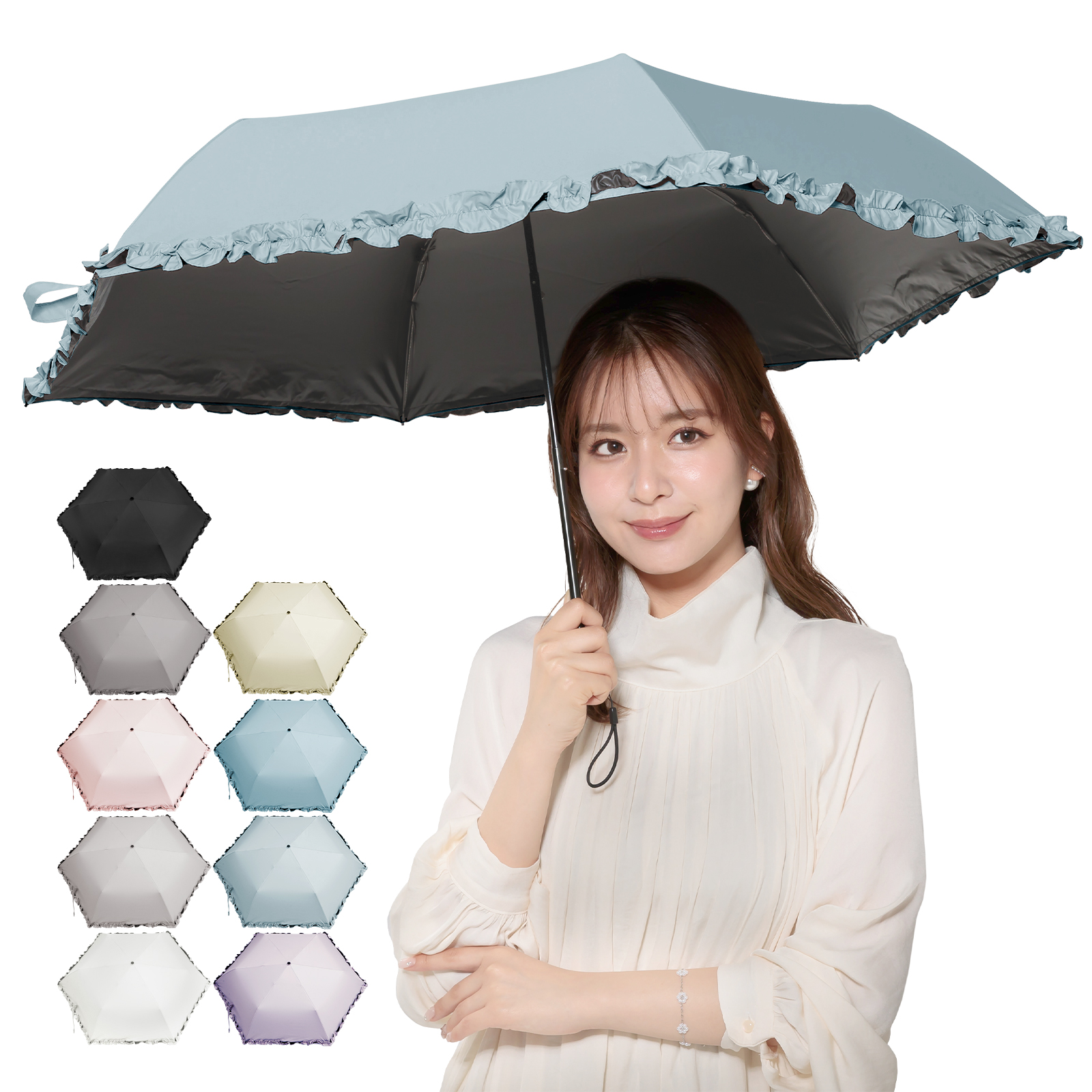 超軽量・コンパクト設計) 日傘 折りたたみ傘 フリル 完全遮光 晴雨兼用