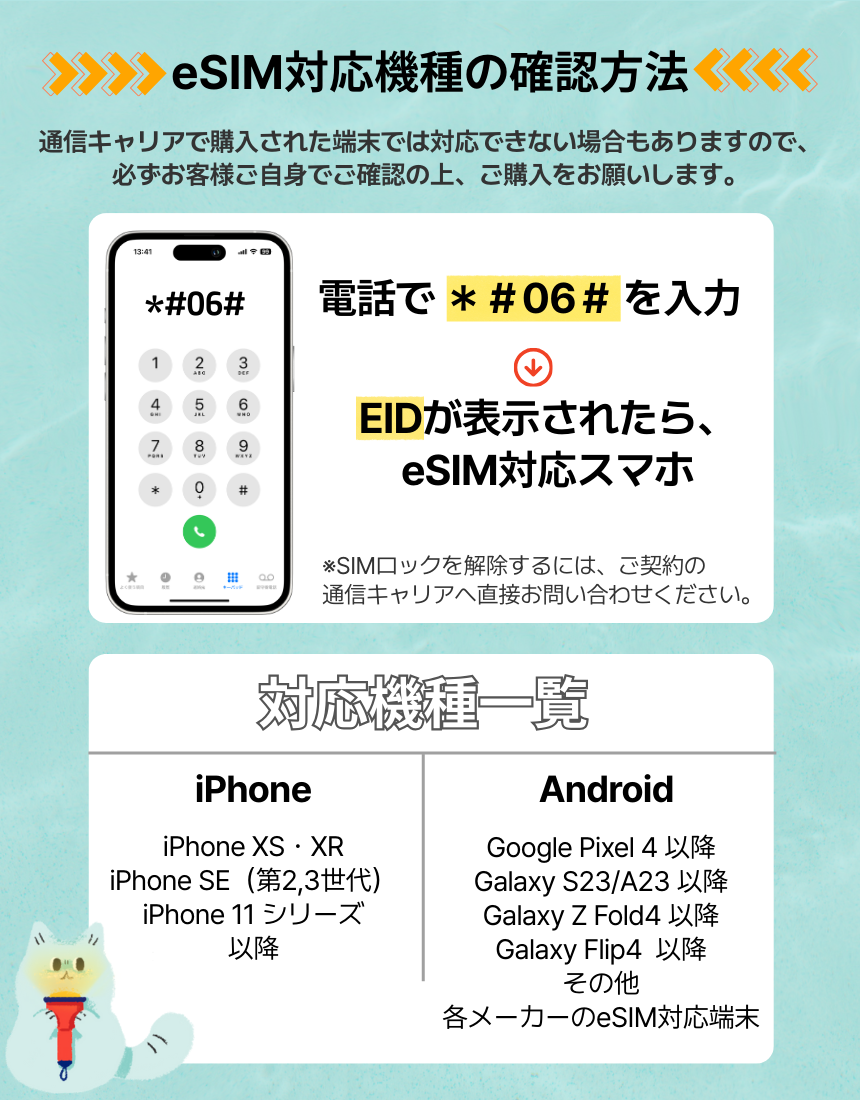 eSIM対応機種の確認方法と対応機種一覧を説明する画像