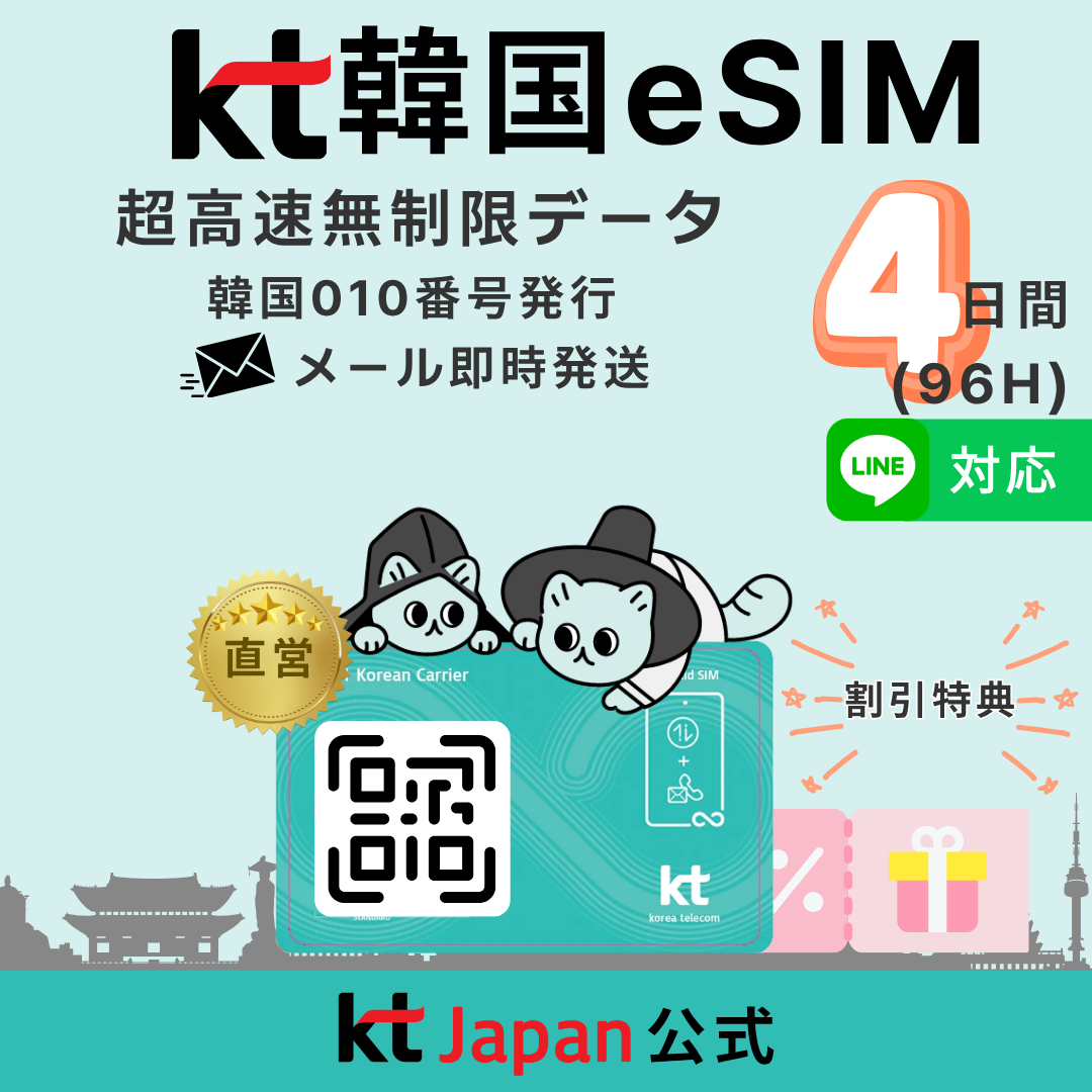 韓国 eSIM 4日間 96時間 高速無制限 010電話番号付 電話/SMS可 KT公式