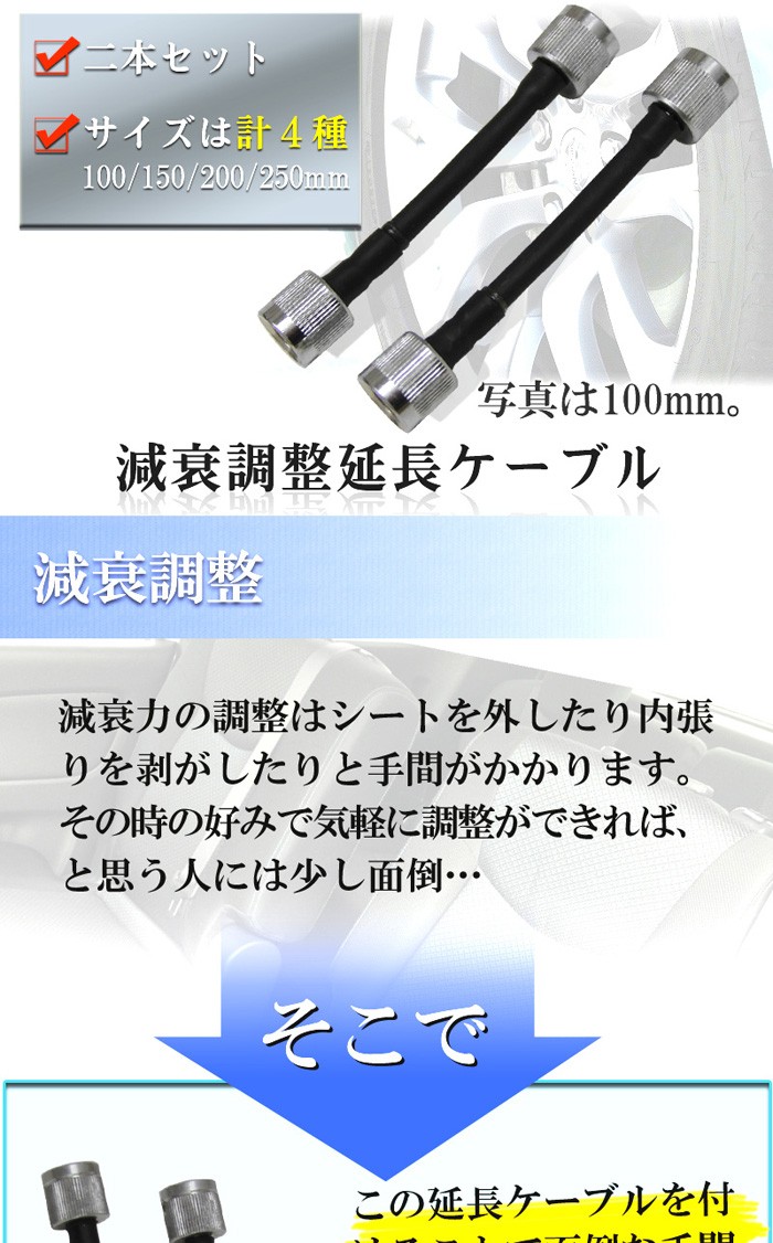 KTS 減衰調整延長ケーブル 2本セット 100mm/150mm/200mm/250mm 車高調オプション  :db-zwc100-40:kts-parts-shop - 通販 - Yahoo!ショッピング