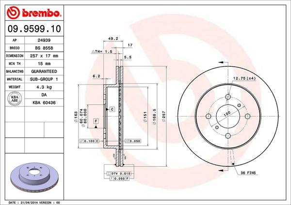 ブレンボ ブレーキディスク フロント左右セット シボレークルーズ HR51S/HR52S/HR81S/HR82S 09.9599.10 brembo BRAKE DISC ブレーキローター ディスクローター | brembo | 01