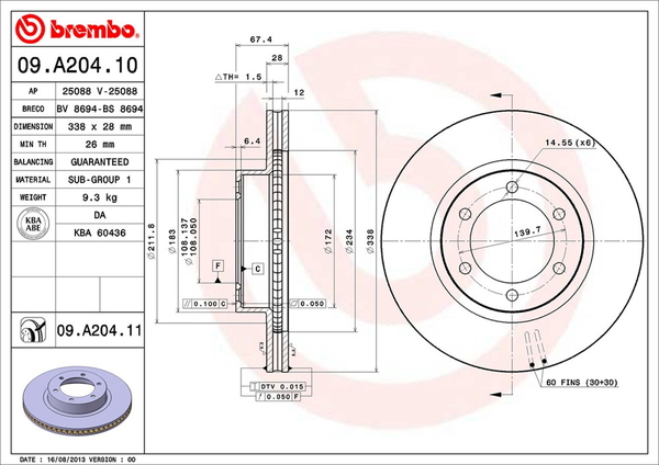 ブレンボ ブレーキディスク フロント左右セット ランドクルーザープラド 120系 09.A204.10 brembo BRAKE DISC  ブレーキローター ディスクローター