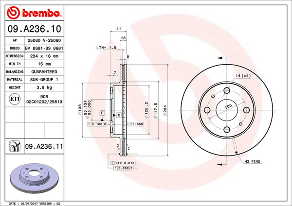 ブレンボ ブレーキディスク フロント左右セット ミラジーノ L701S/L711S 09.A236.11 brembo BRAKE DISC  ブレーキローター ディスクローター