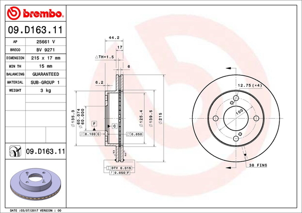 ブレンボ ブレーキディスク フロント左右セット キャリイ/エブリイ DA64W 09.D163.11 brembo BRAKE DISC  ブレーキローター ディスクローター