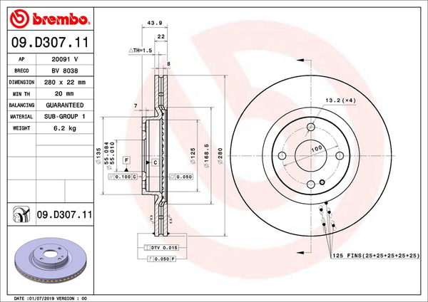 ブレンボ ブレーキディスク フロント左右セット ロードスター/ユーノスロードスター ND5RC 09.D307.11 取付セット brembo BRAKE DISC ブレーキローター | brembo | 01