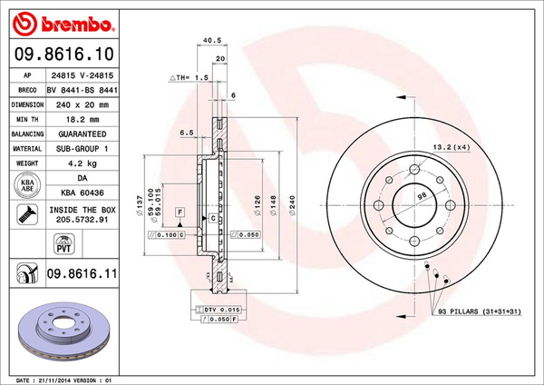 ブレンボ ブレーキディスク フロント左右セット パンダ 16912Q 09.8616.11 brembo BRAKE DISC ブレーキローター ディスクローター | brembo | 01