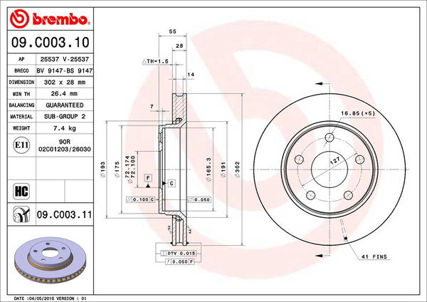 ブレンボ ブレーキディスク フロント左右セット ラングラー JK38S/JK38L/JK36S/JK36L 09.C003.11 brembo BRAKE DISC ブレーキローター｜ktspartsshop2｜02