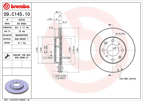 ブレンボ ブレーキディスク フロント左右セット フィット GK3 09.C145.10 brembo BRAKE DISC ブレーキローター ディスクローター | brembo | 01