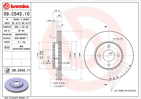 ブレンボ ブレーキディスク フロント左右セット マーチニスモS K13改 09.C543.11 brembo BRAKE DISC ブレーキローター ディスクローター | brembo | 01