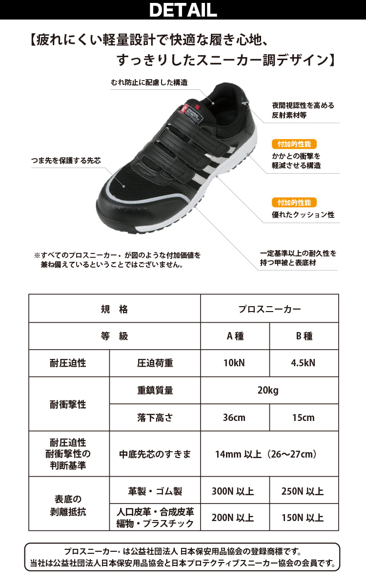 プロスニーカーA-45000 安全靴 マジックテープ JSAA A種認定品 鉄製先